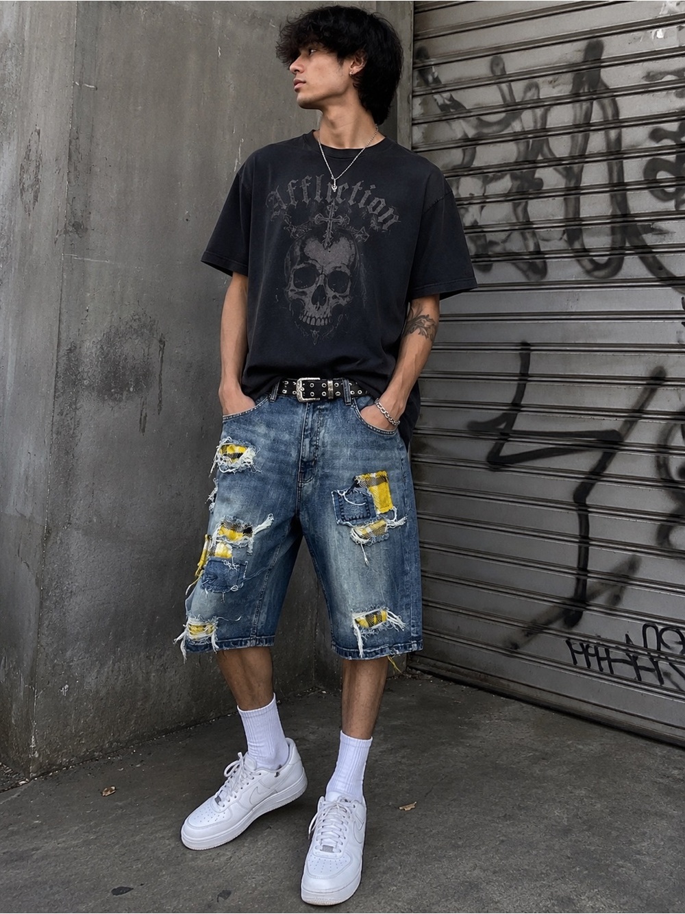 AHP Distressed Patchwork Denim Shorts Size 42 Raw Hem Streetwear Y2K Grunge